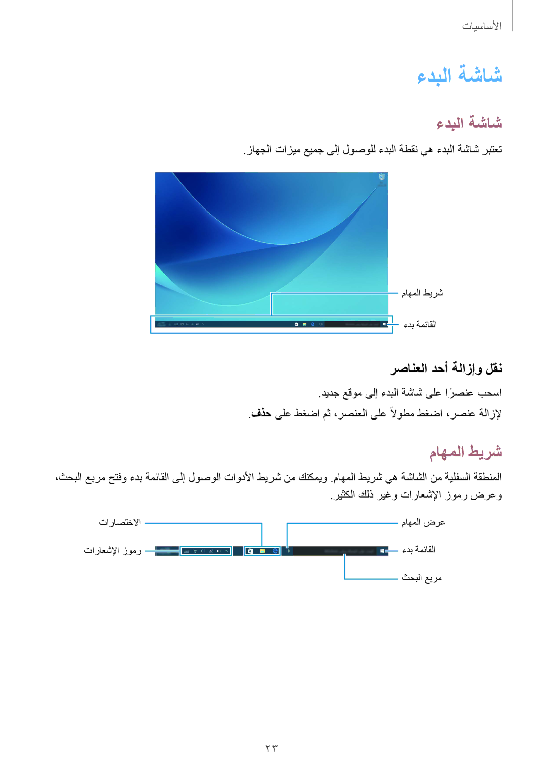 Samsung SM-W708NZWAKSA, SM-W708NZKAKSA manual ءدبلا ةشاش, ماهملا طيرش, رصانعلا دحأ ةلازإو لقن 