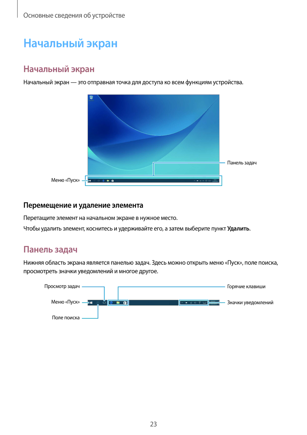 Samsung SM-W708NZKASER manual Начальный экран, Панель задач, Перемещение и удаление элемента 