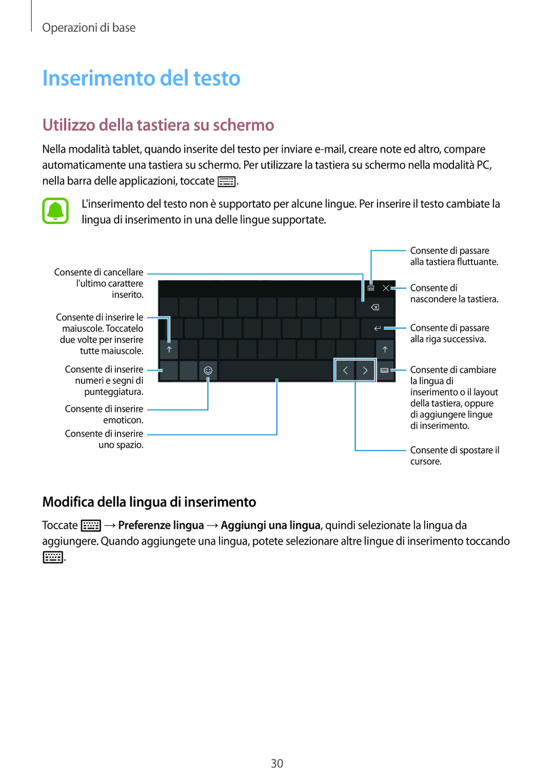 Samsung SM-W700NZKAITV Inserimento del testo, Utilizzo della tastiera su schermo, Modifica della lingua di inserimento 