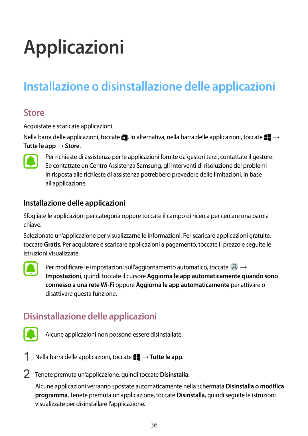 Samsung SM-W708NZKATIM, SM-W708NZKALUX manual Store, Disinstallazione delle applicazioni, Installazione delle applicazioni 