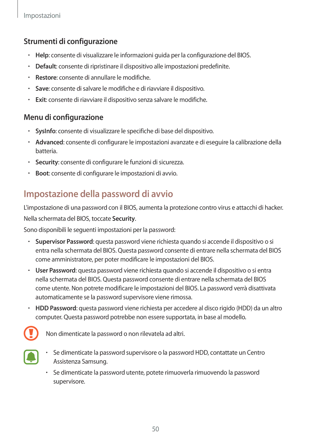 Samsung SM-W700NZKAITV manual Impostazione della password di avvio, Strumenti di configurazione, Menu di configurazione 