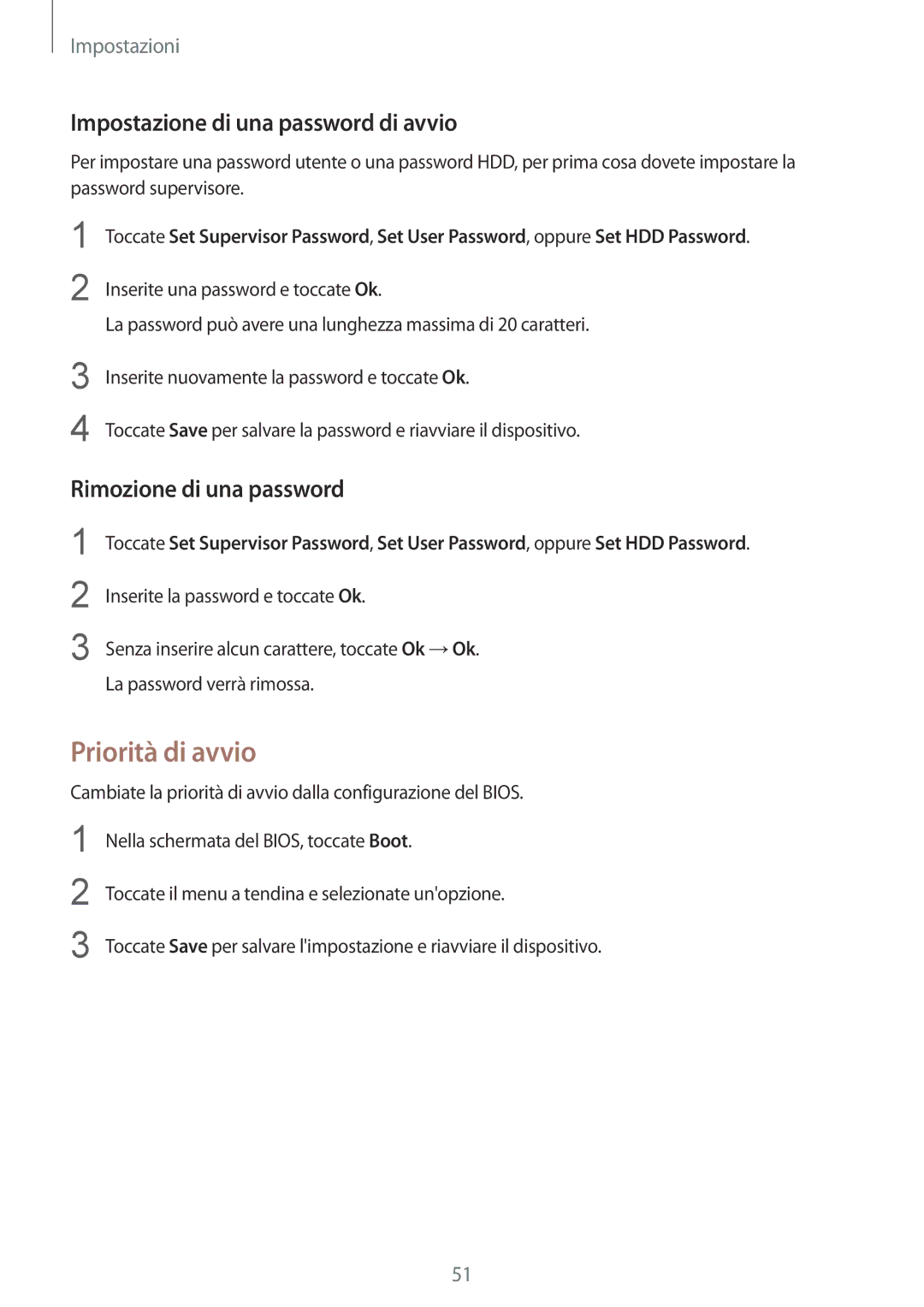 Samsung SM-W708NZKAITV, SM-W708NZKATIM Priorità di avvio, Impostazione di una password di avvio, Rimozione di una password 