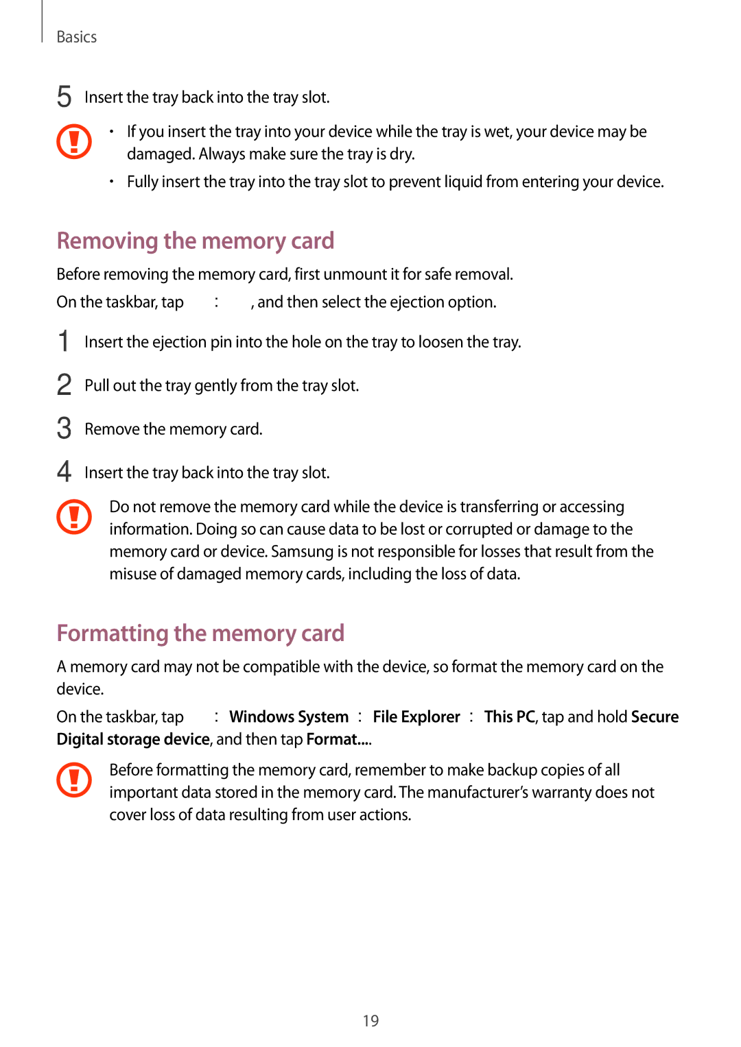 Samsung SM-W720NZKAXJP manual Removing the memory card, Formatting the memory card 