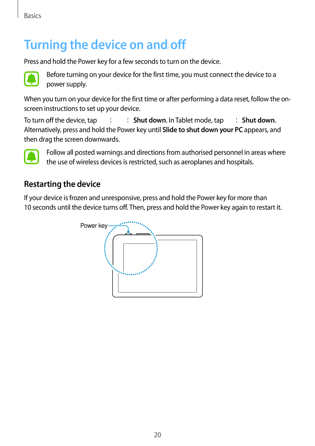 Samsung SM-W720NZKAXJP manual Turning the device on and off, Restarting the device 