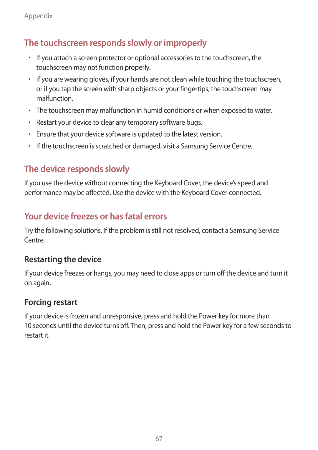 Samsung SM-W720NZKAXJP manual Touchscreen responds slowly or improperly, Forcing restart 