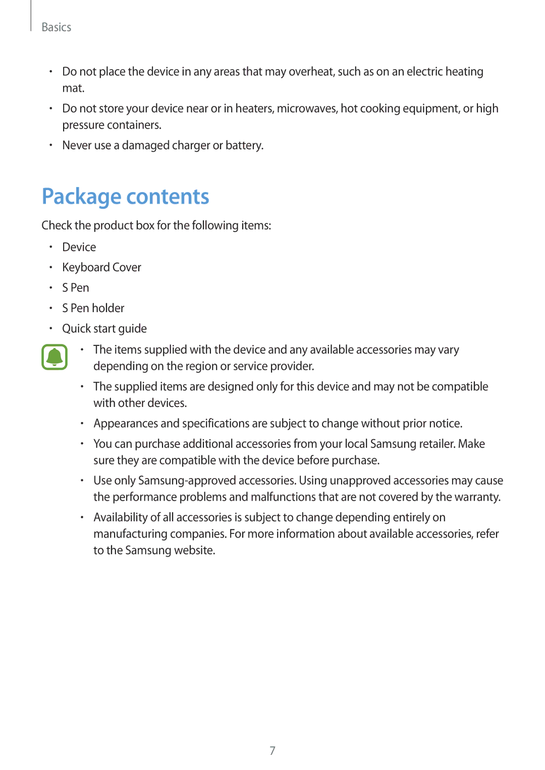 Samsung SM-W720NZKAXJP manual Package contents 