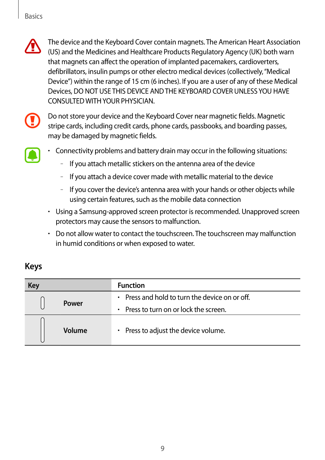 Samsung SM-W720NZKAXJP manual Keys, Key Function Power, Volume 