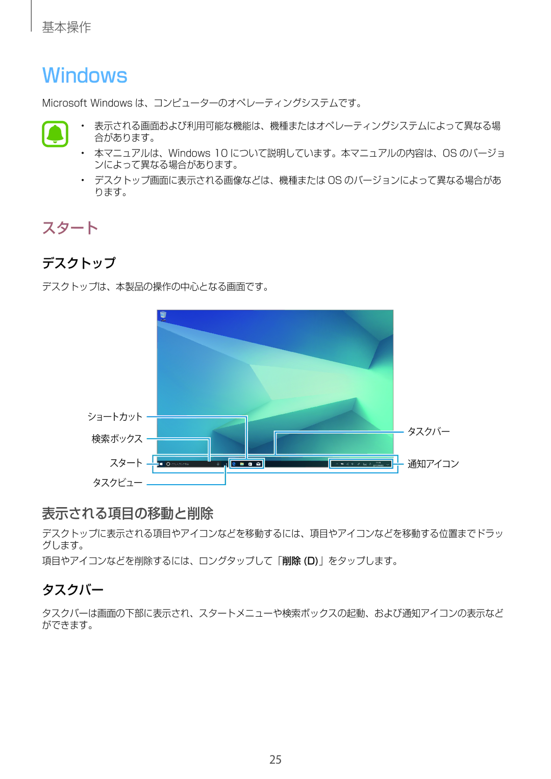 Samsung SM-W720NZKAXJP manual Windows, スタート, 表示される項目の移動と削除, デスクトップ, タスクバー 