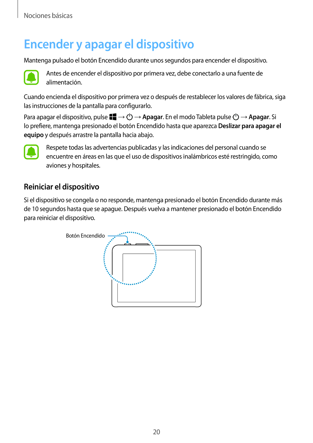 Samsung SM-W720NZKBPHE, SM-W728NZKAPHE manual Encender y apagar el dispositivo, Reiniciar el dispositivo 