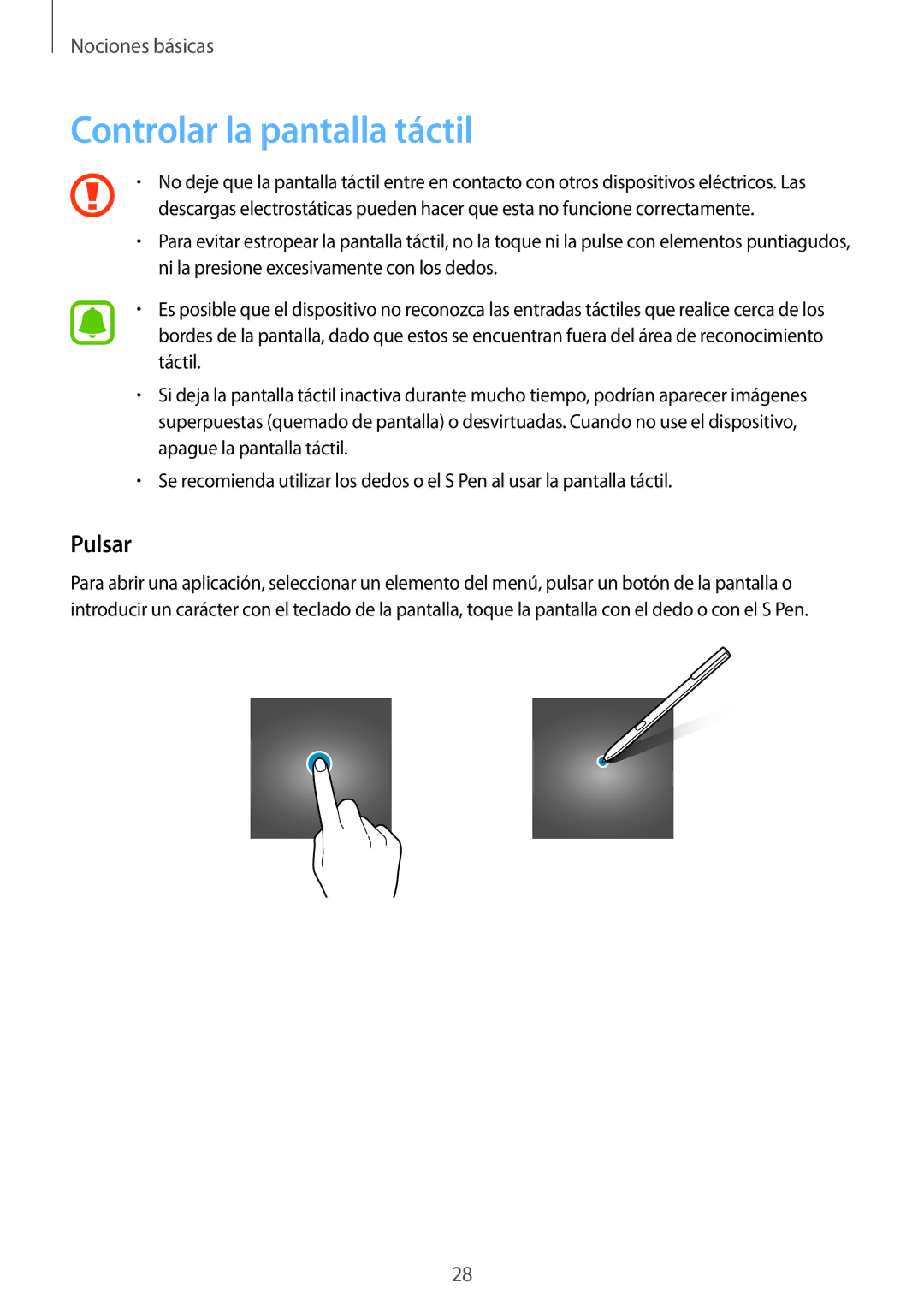 Samsung SM-W720NZKBPHE, SM-W728NZKAPHE manual Controlar la pantalla táctil, Pulsar 