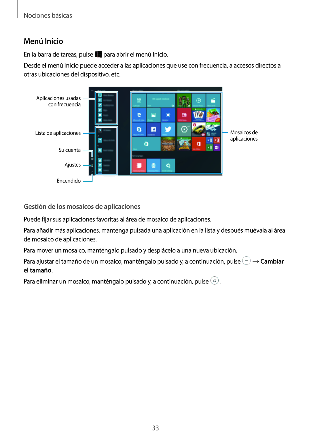 Samsung SM-W728NZKAPHE, SM-W720NZKBPHE manual Menú Inicio, Gestión de los mosaicos de aplicaciones 