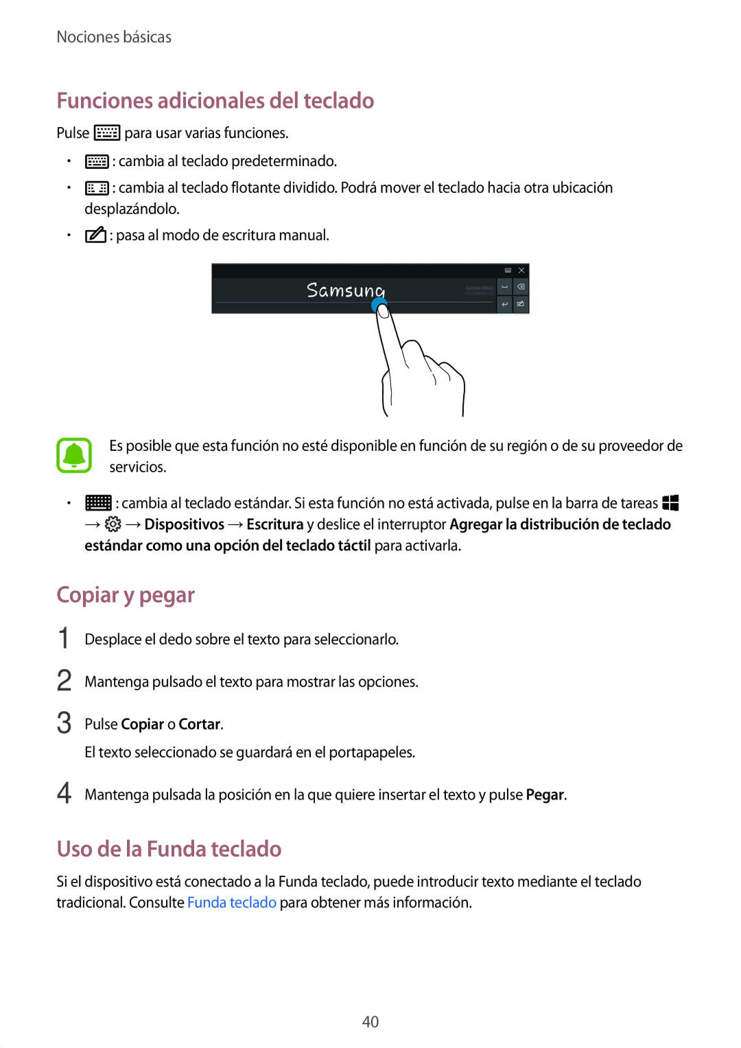 Samsung SM-W720NZKBPHE Funciones adicionales del teclado, Copiar y pegar, Uso de la Funda teclado, Pulse Copiar o Cortar 