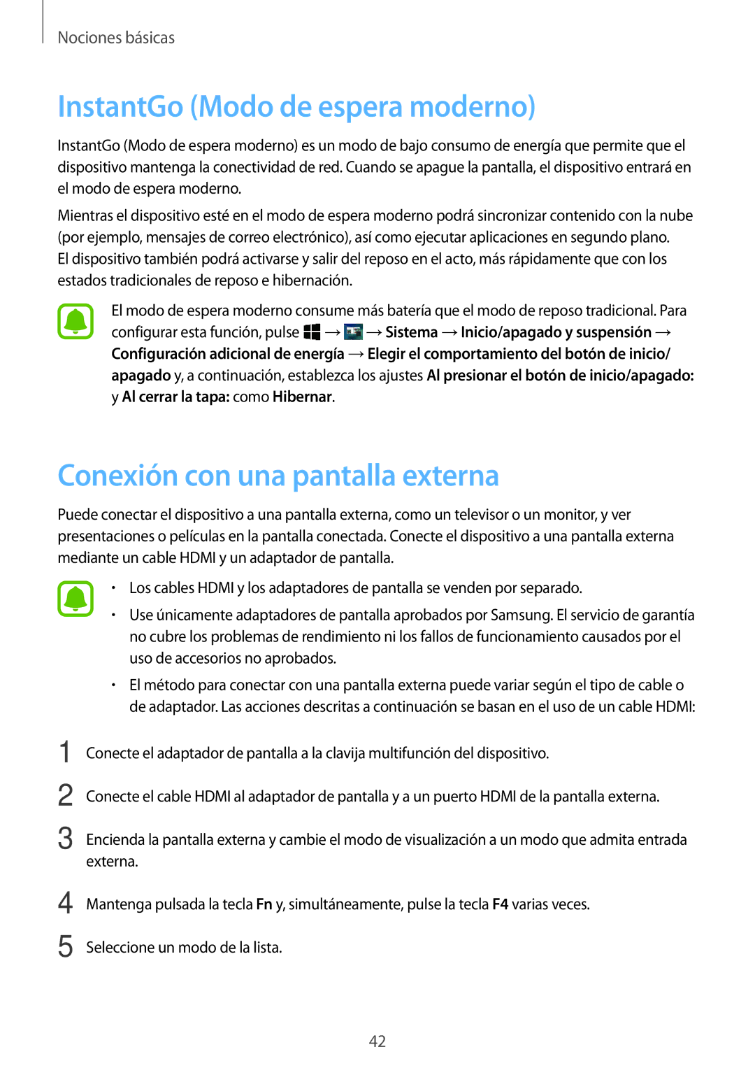 Samsung SM-W720NZKBPHE, SM-W728NZKAPHE manual InstantGo Modo de espera moderno, Conexión con una pantalla externa 