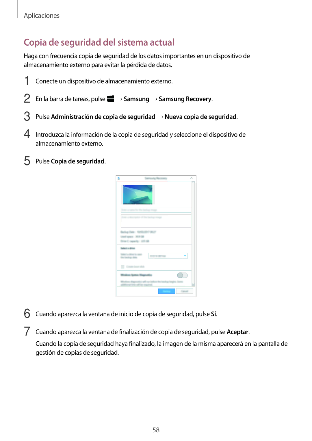 Samsung SM-W720NZKBPHE, SM-W728NZKAPHE manual Copia de seguridad del sistema actual, Pulse Copia de seguridad 