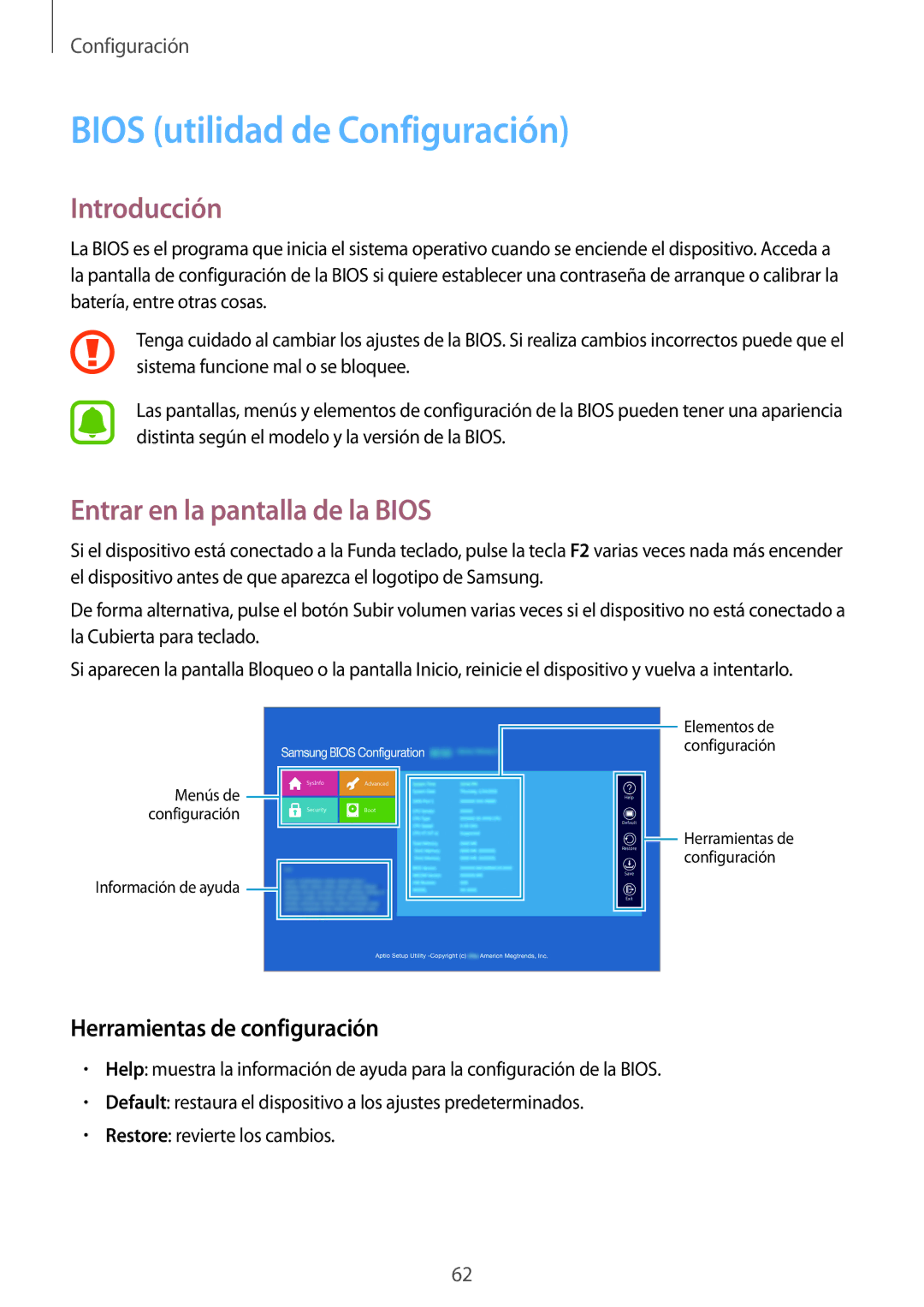 Samsung SM-W720NZKBPHE Bios utilidad de Configuración, Entrar en la pantalla de la Bios, Herramientas de configuración 