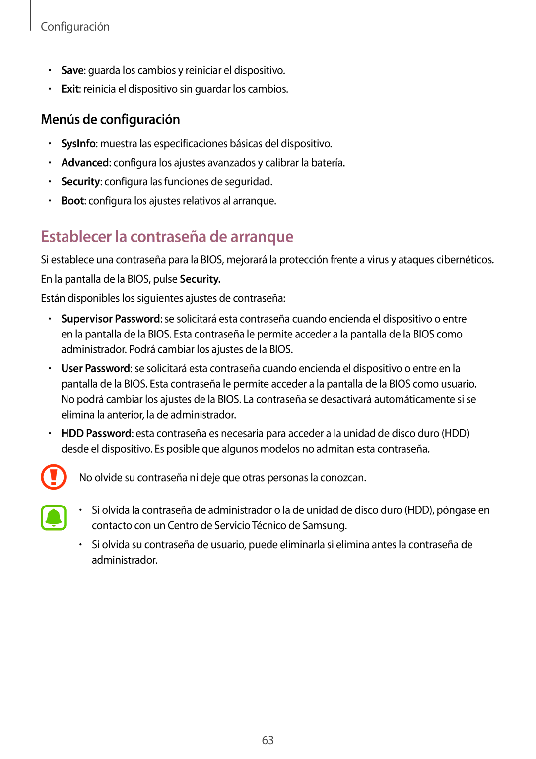 Samsung SM-W728NZKAPHE, SM-W720NZKBPHE manual Establecer la contraseña de arranque, Menús de configuración 