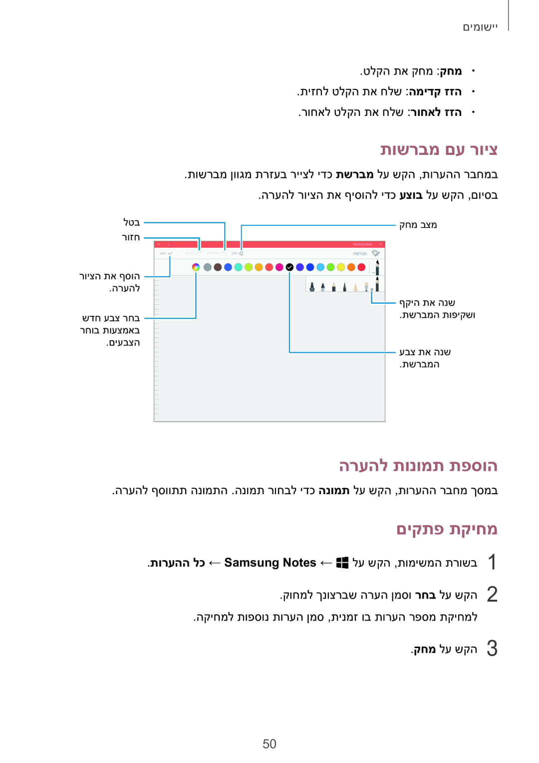 Samsung SM-W727NZKAILO manual תושרבמ םע רויצ, הרעהל תונומת תפסוה, םיקתפ תקיחמ 