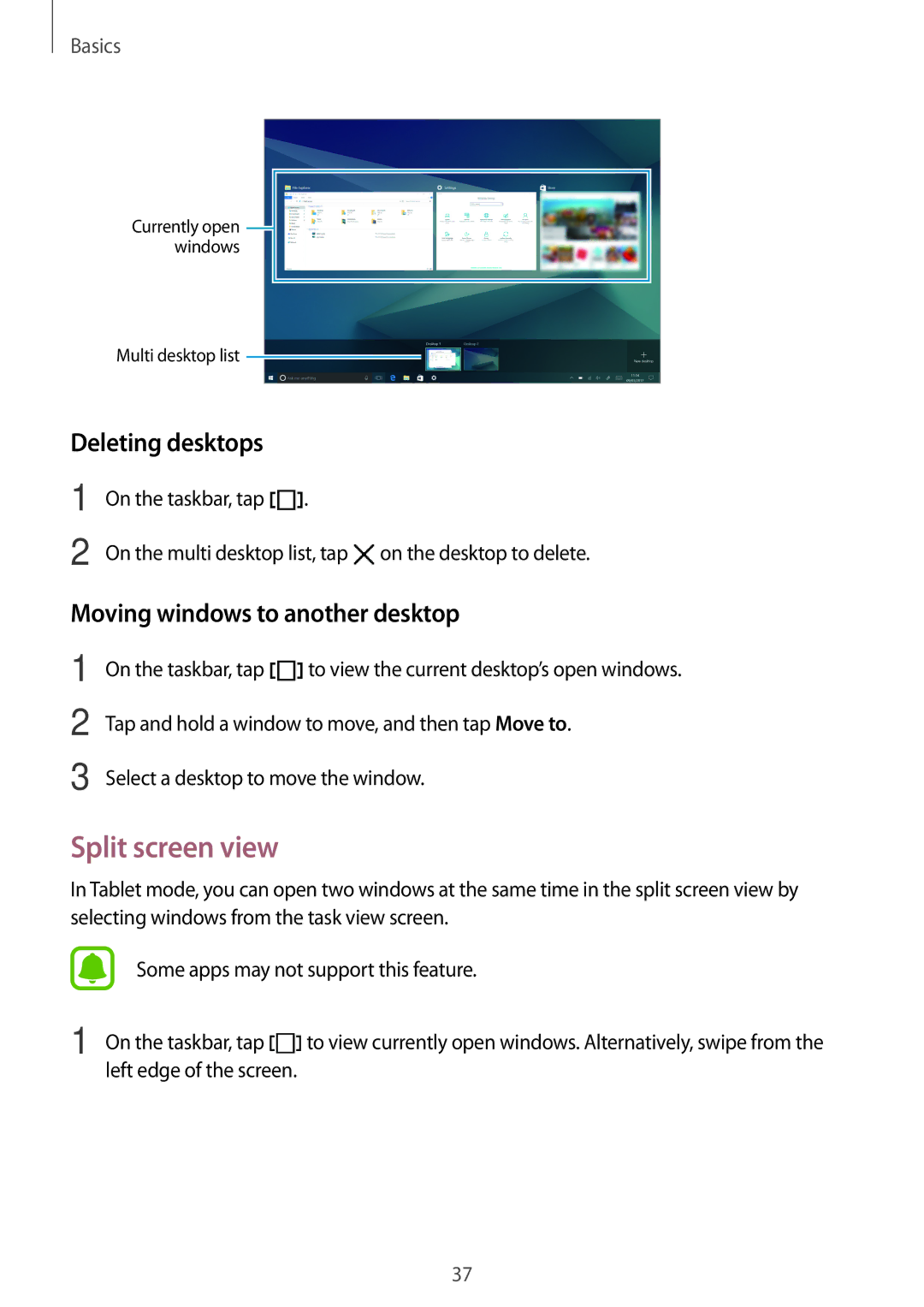 Samsung SM-W720NZKBXEF, SM-W728NZKADBT manual Split screen view, Deleting desktops, Moving windows to another desktop 