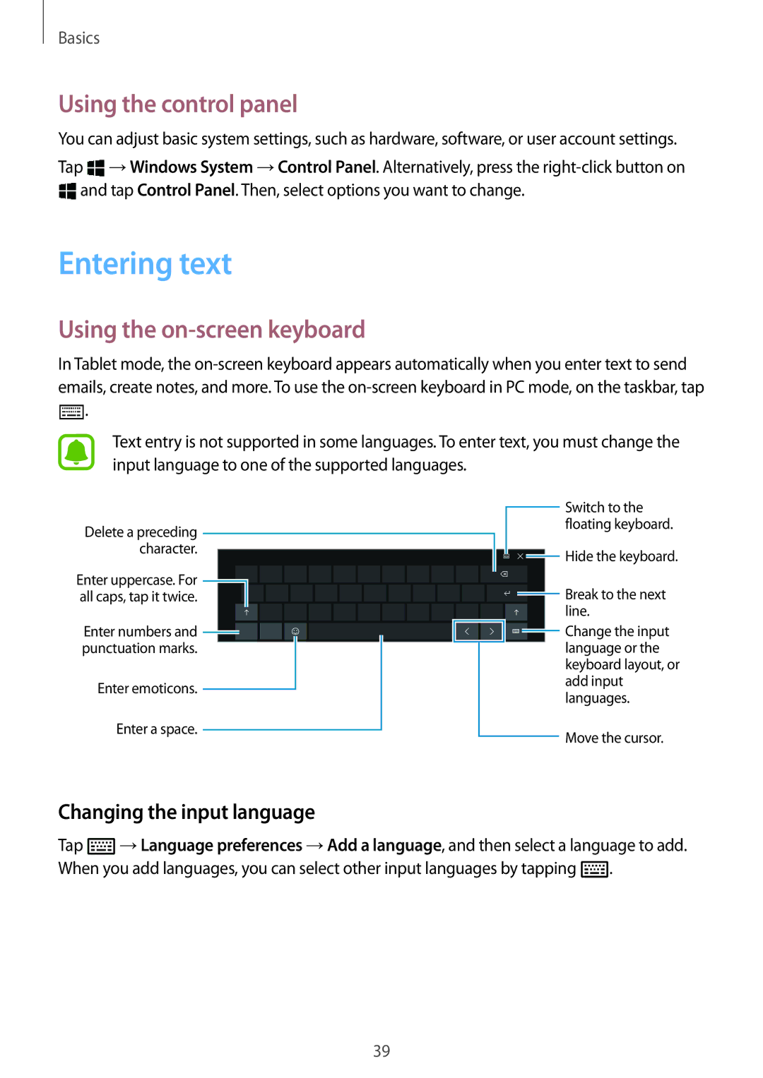 Samsung SM-W720NZKAITV Entering text, Using the control panel, Using the on-screen keyboard, Changing the input language 