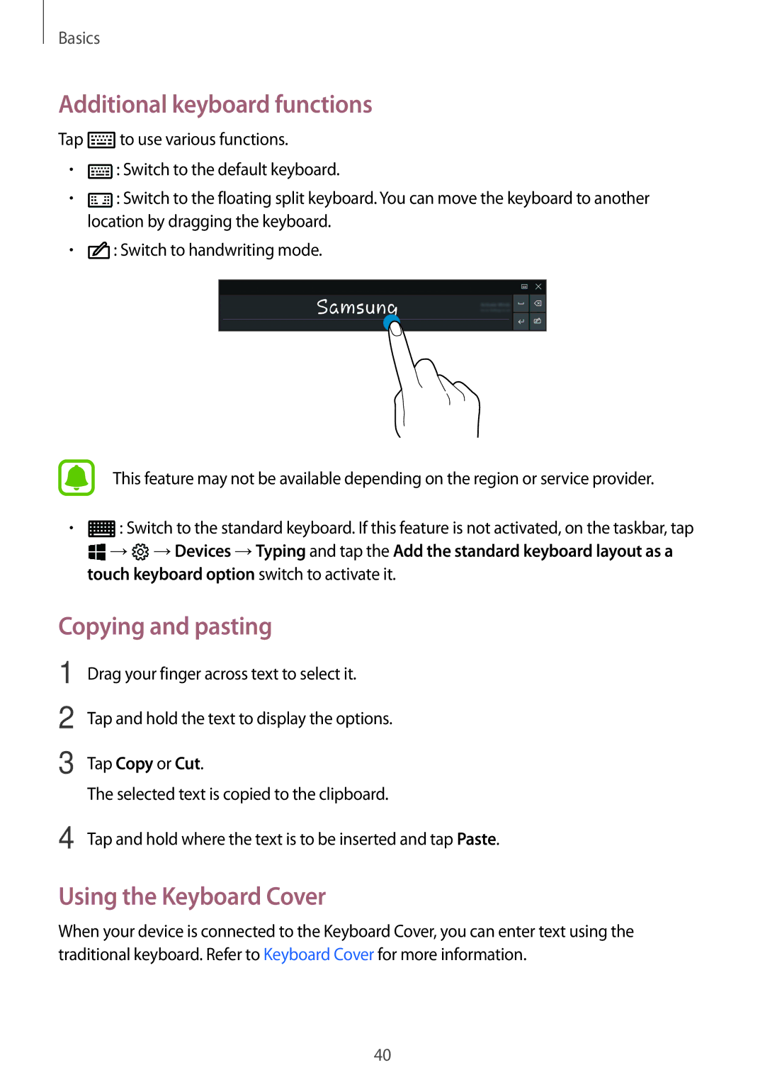 Samsung SM-W728NZKAITV, SM-W728NZKADBT manual Additional keyboard functions, Copying and pasting, Using the Keyboard Cover 