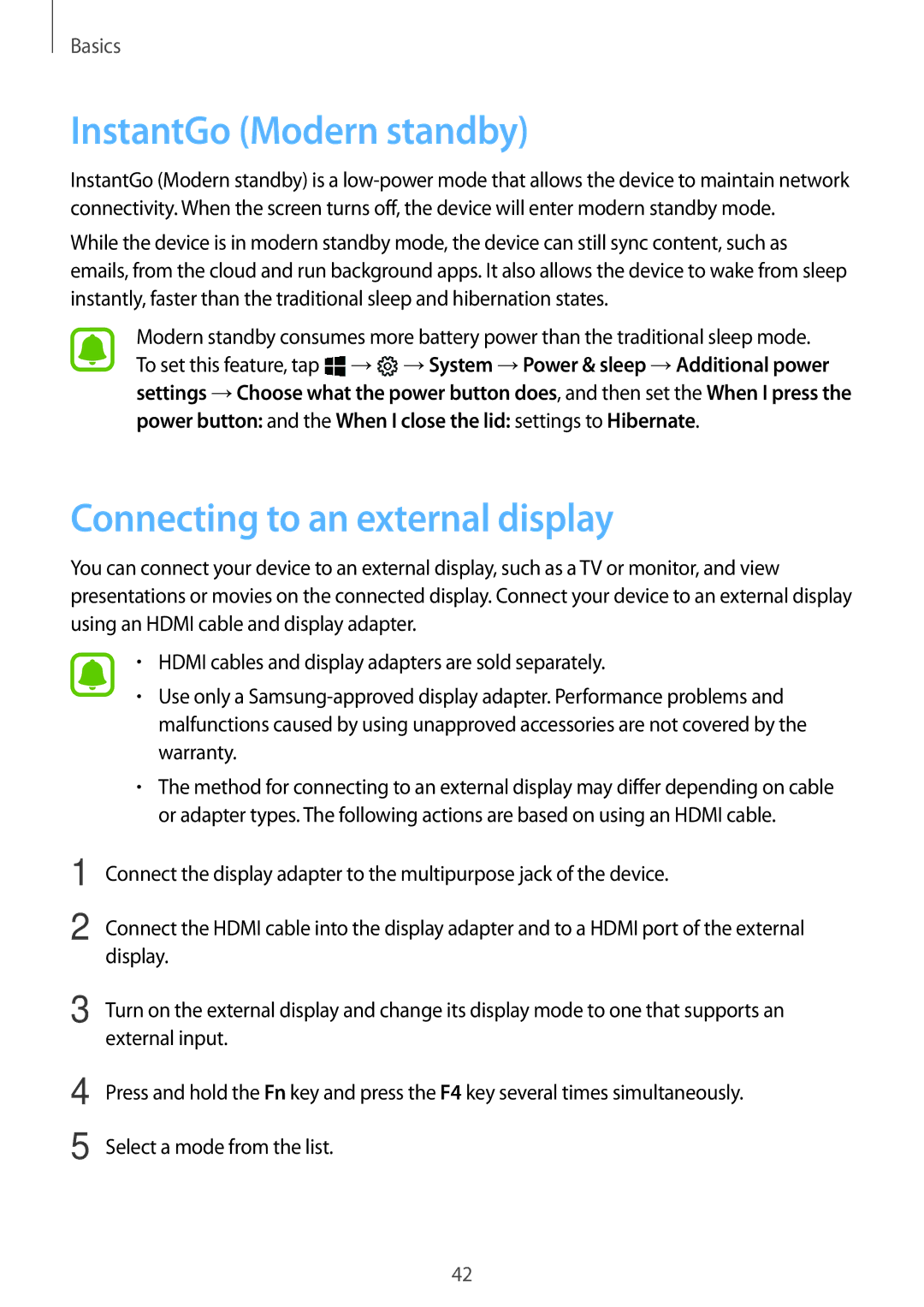 Samsung SM-W728NZKAPHE, SM-W728NZKADBT, SM-W720NZKADBT manual InstantGo Modern standby, Connecting to an external display 