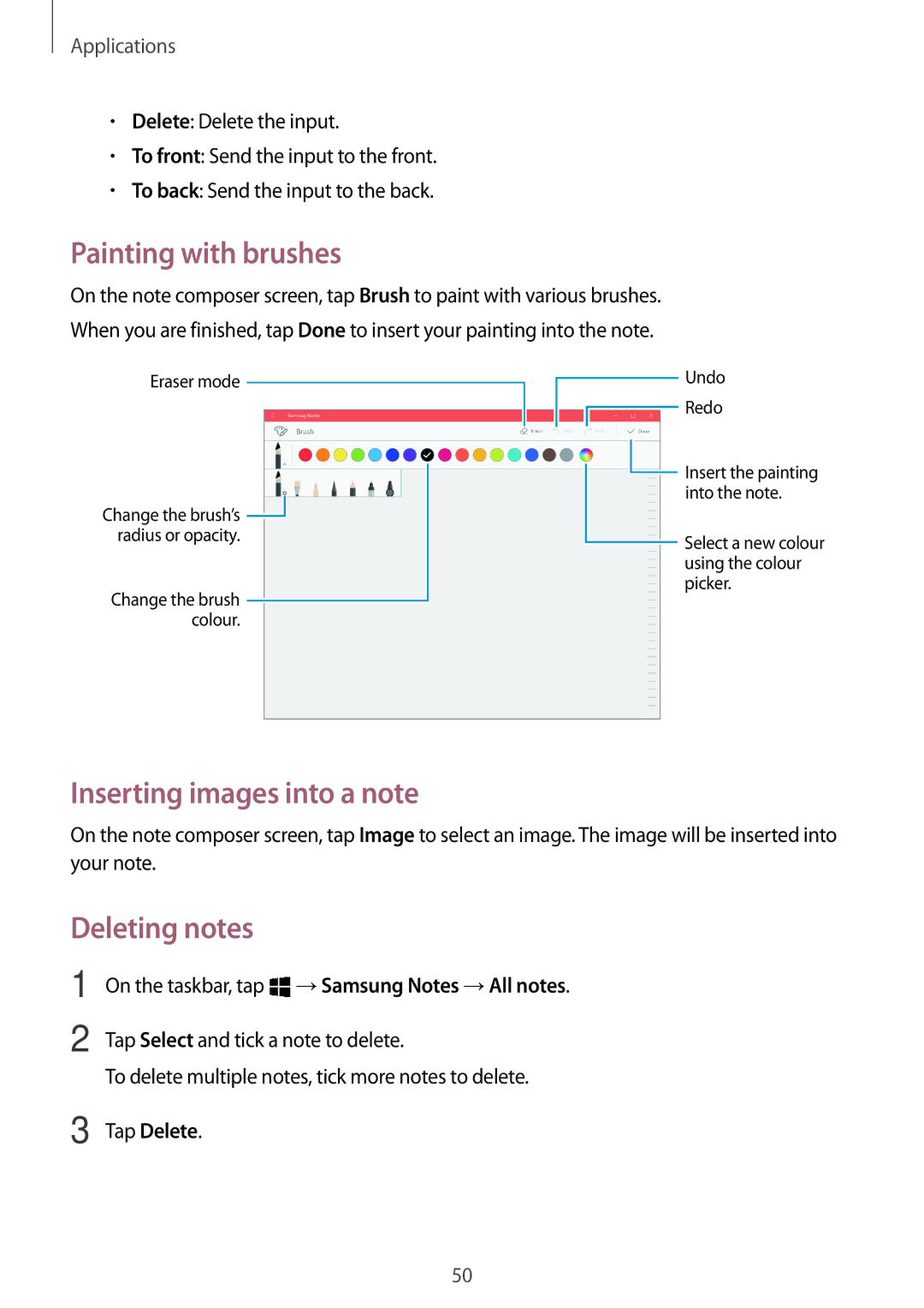 Samsung SM-W720NZKAITV, SM-W728NZKADBT Painting with brushes, Inserting images into a note, Deleting notes, Tap Delete 