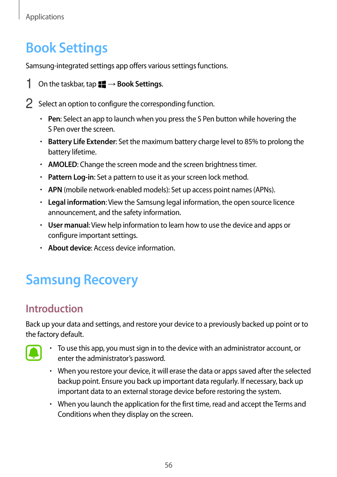 Samsung SM-W720NZKADBT, SM-W728NZKADBT, SM-W720NZKAXEF, SM-W728NZKAXEF, SM-W720NZKBXEF manual Book Settings, Samsung Recovery 