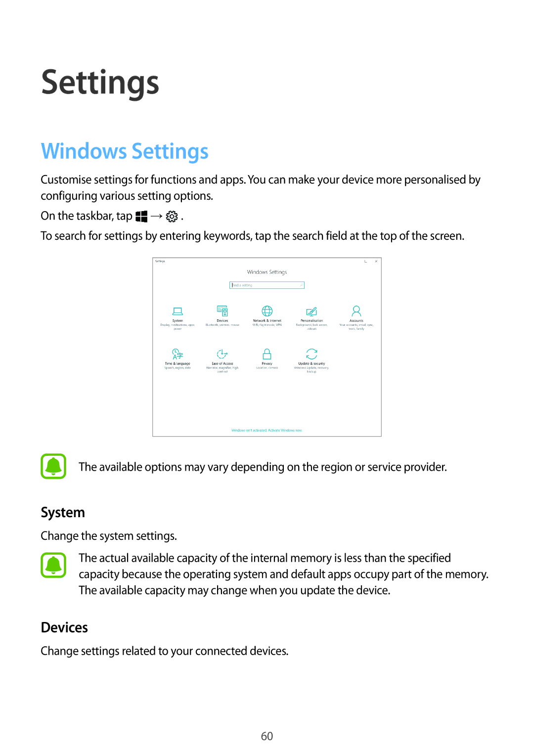 Samsung SM-W720NZKBITV, SM-W728NZKADBT, SM-W720NZKADBT, SM-W720NZKAXEF, SM-W728NZKAXEF manual Windows Settings, System, Devices 