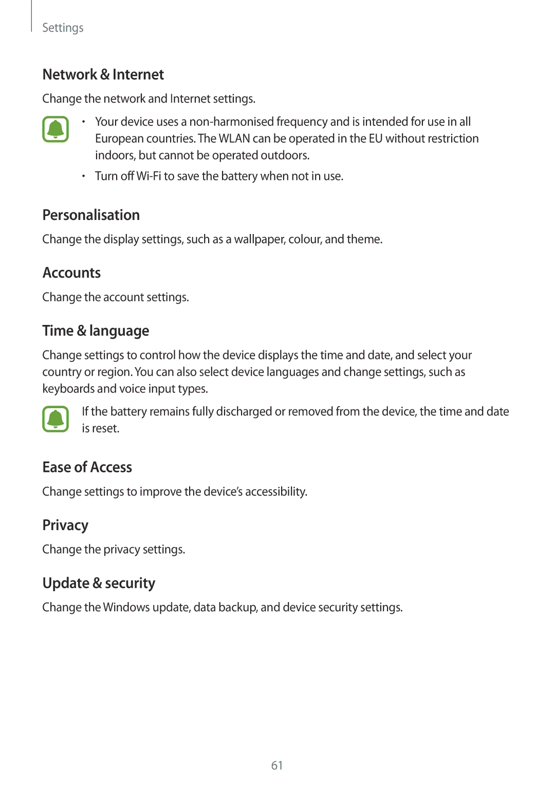 Samsung SM-W720NZKAITV manual Network & Internet, Personalisation, Accounts, Time & language, Ease of Access, Privacy 