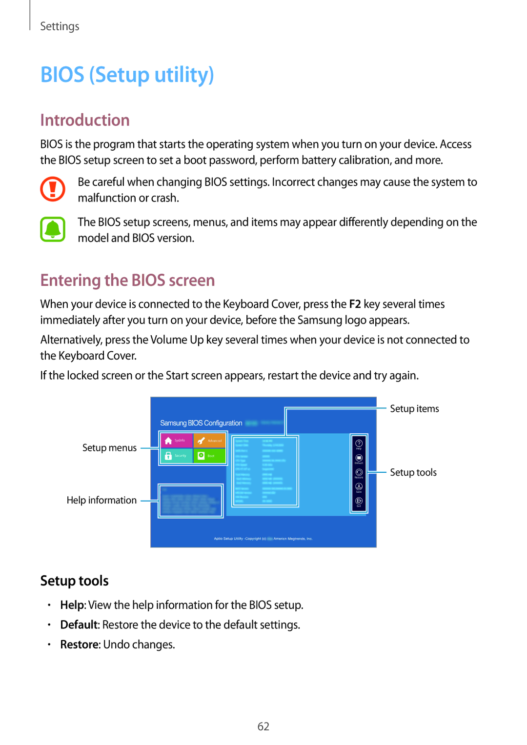 Samsung SM-W728NZKAITV, SM-W728NZKADBT, SM-W720NZKADBT manual Bios Setup utility, Entering the Bios screen, Setup tools 