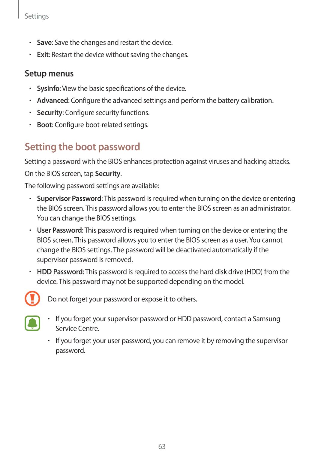 Samsung SM-W720NZKBPHE, SM-W728NZKADBT, SM-W720NZKADBT, SM-W720NZKAXEF, SM-W728NZKAXEF Setting the boot password, Setup menus 