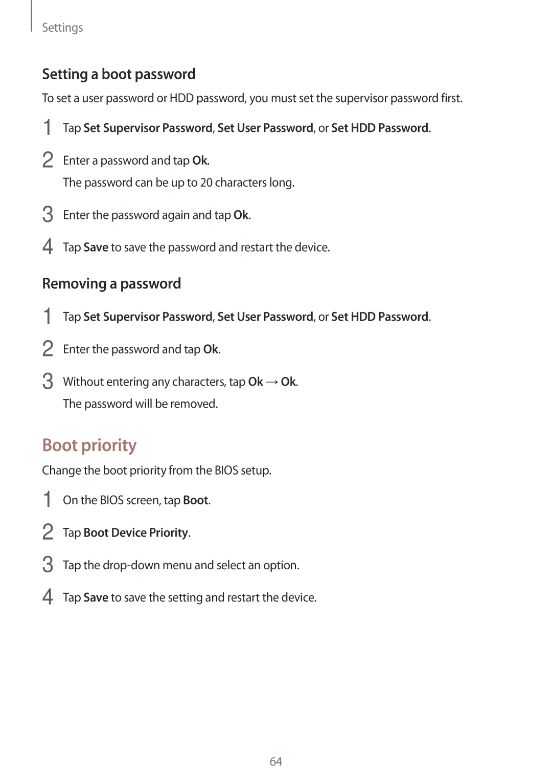 Samsung SM-W728NZKAPHE manual Boot priority, Setting a boot password, Removing a password, Tap Boot Device Priority 