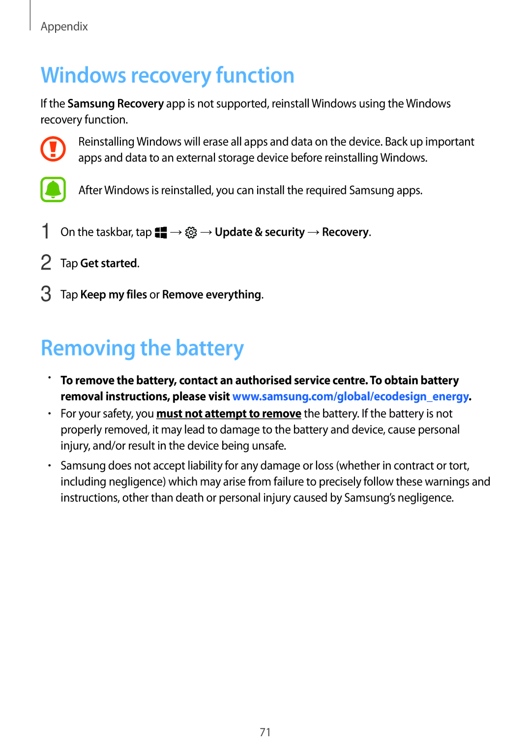 Samsung SM-W720NZKBITV Windows recovery function, Removing the battery, On the taskbar, tap → →Update & security →Recovery 