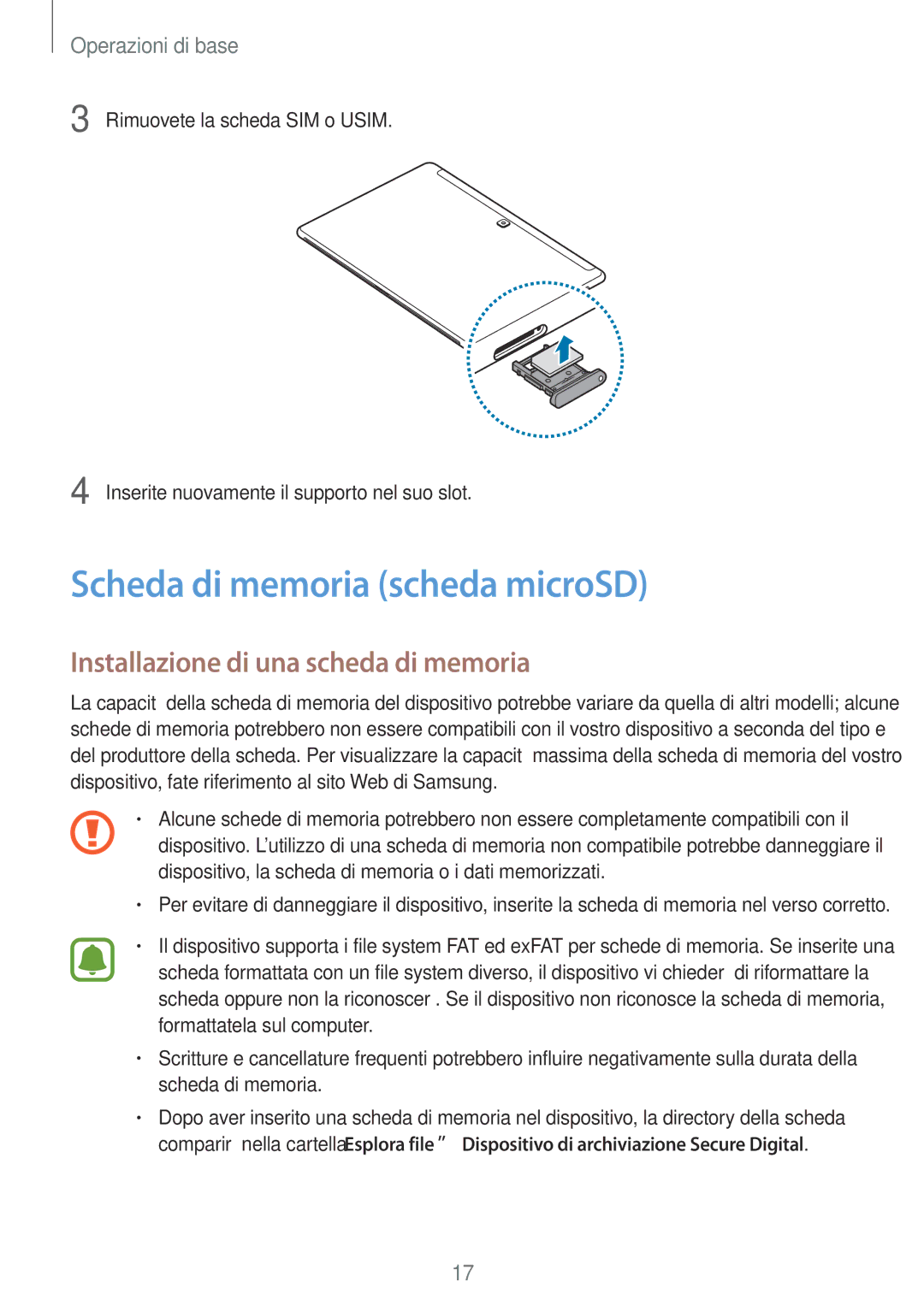 Samsung SM-W720NZKBITV, SM-W728NZKADBT manual Scheda di memoria scheda microSD, Installazione di una scheda di memoria 