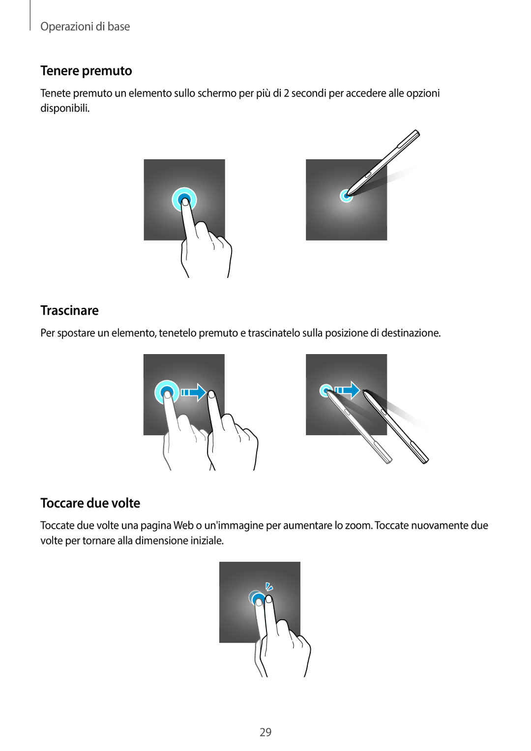 Samsung SM-W720NZKBITV, SM-W728NZKADBT, SM-W720NZKAITV, SM-W728NZKAITV manual Tenere premuto, Trascinare, Toccare due volte 