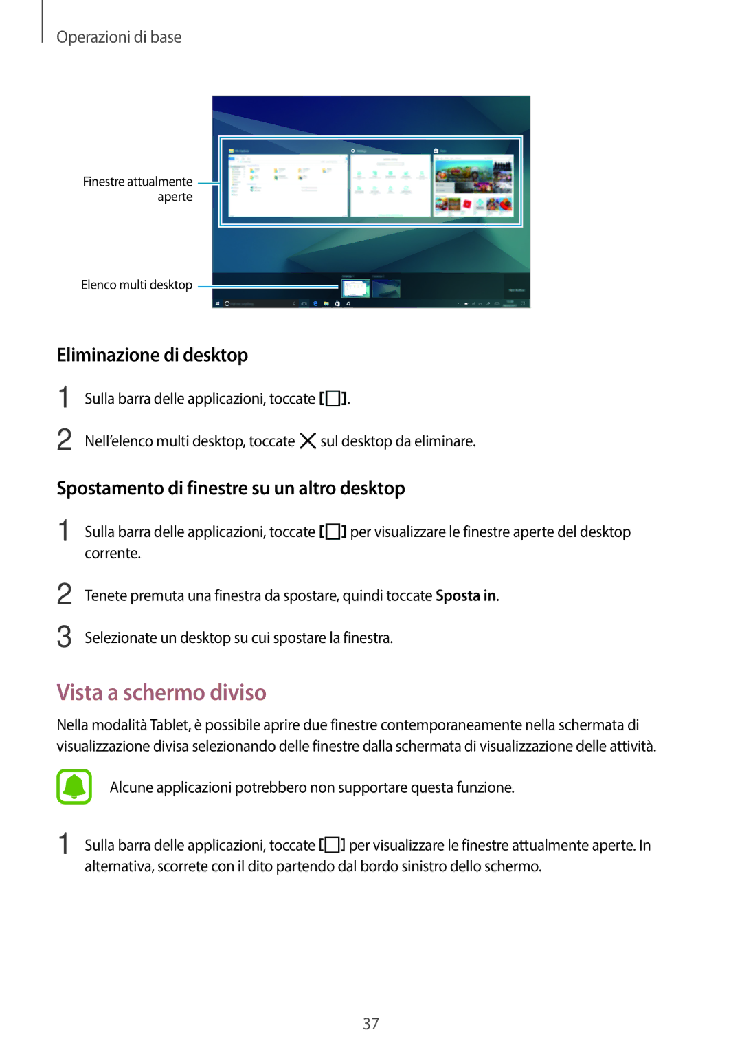 Samsung SM-W720NZKBITV manual Vista a schermo diviso, Eliminazione di desktop, Spostamento di finestre su un altro desktop 