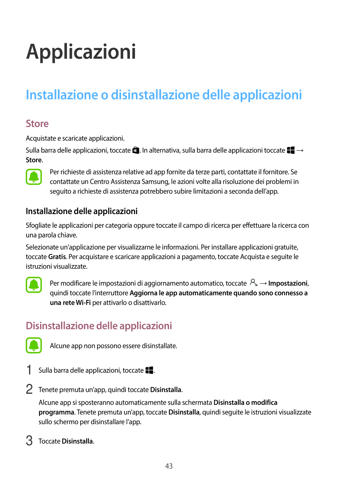 Samsung SM-W728NZKAITV Store, Disinstallazione delle applicazioni, Installazione delle applicazioni, Toccate Disinstalla 