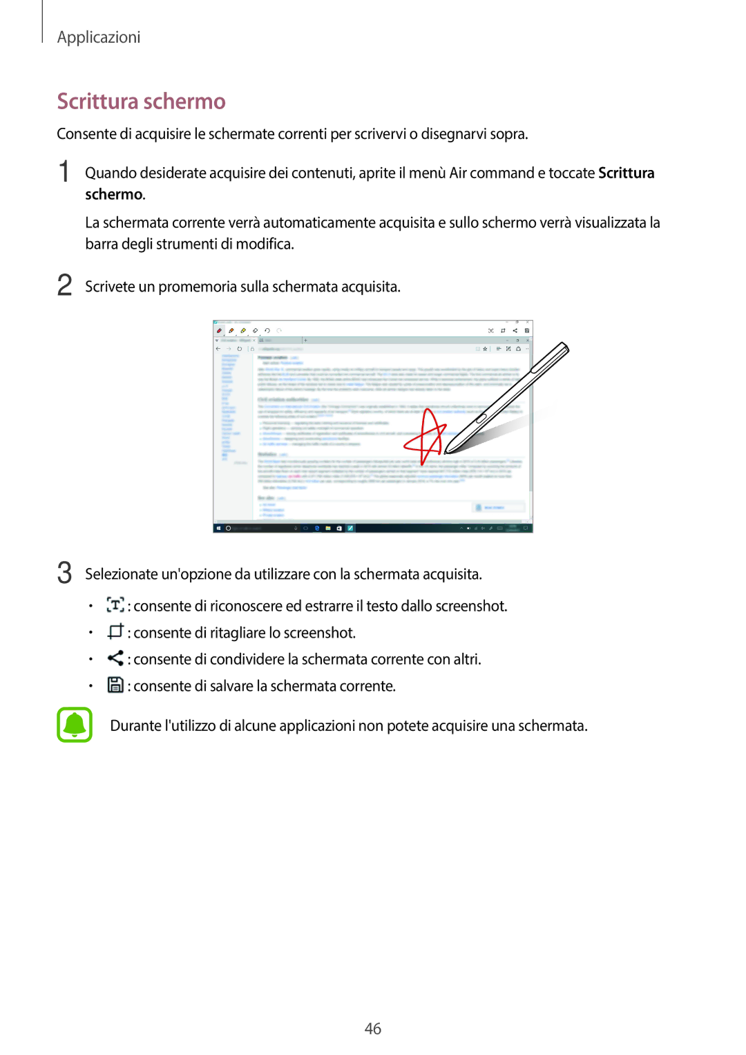 Samsung SM-W720NZKAITV, SM-W728NZKADBT, SM-W720NZKBITV, SM-W728NZKAITV manual Scrittura schermo 