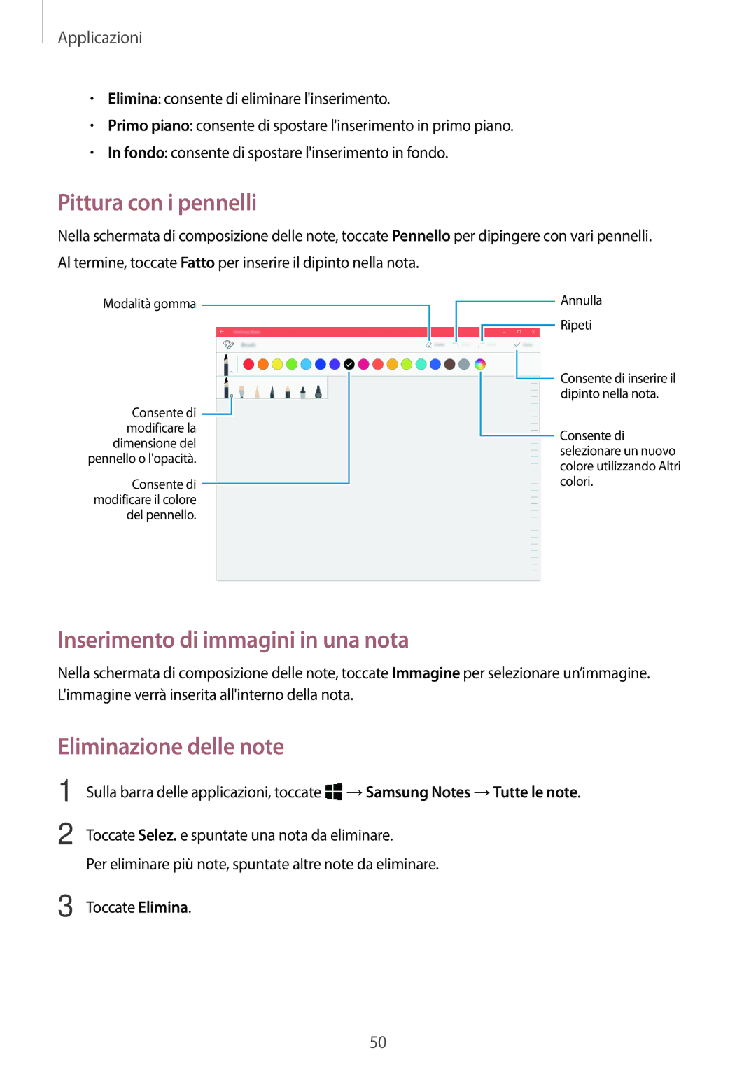 Samsung SM-W720NZKAITV manual Pittura con i pennelli, Inserimento di immagini in una nota, Eliminazione delle note 