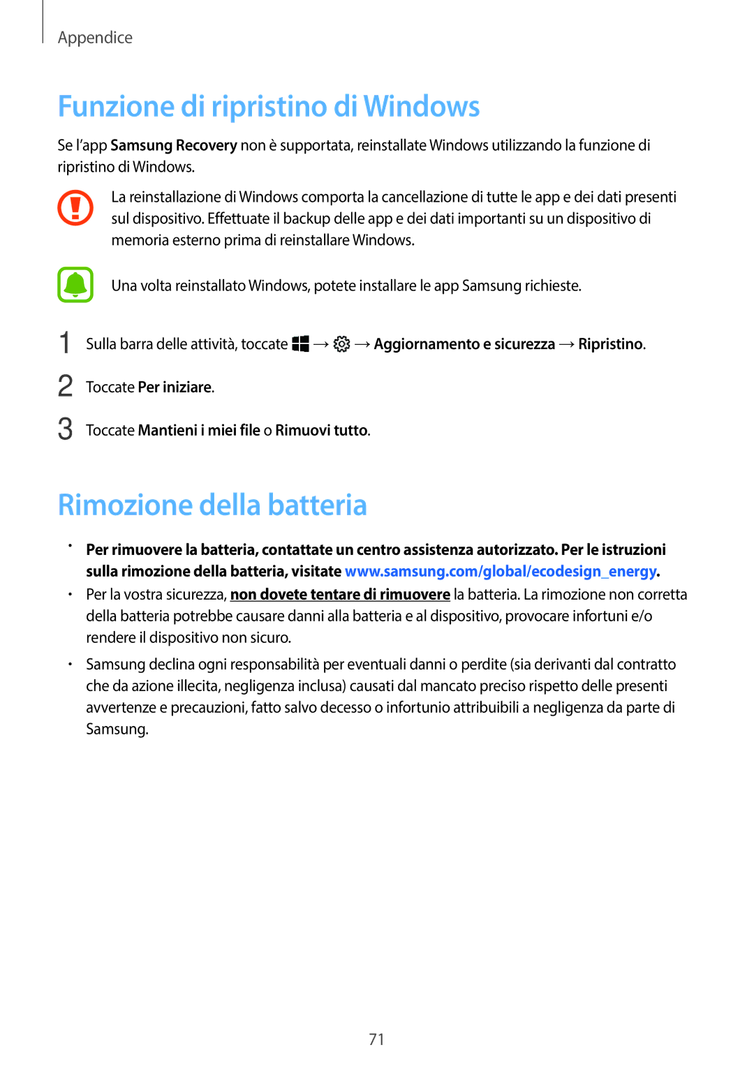 Samsung SM-W728NZKAITV, SM-W728NZKADBT, SM-W720NZKBITV manual Funzione di ripristino di Windows, Rimozione della batteria 