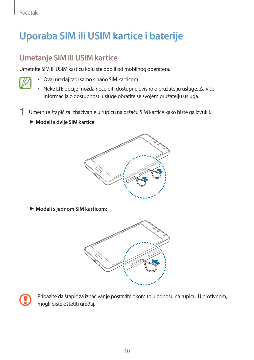 Samsung SM-A500FZKUTWO, SM2A500FZWUVIP manual Uporaba SIM ili Usim kartice i baterije, Umetanje SIM ili Usim kartice 