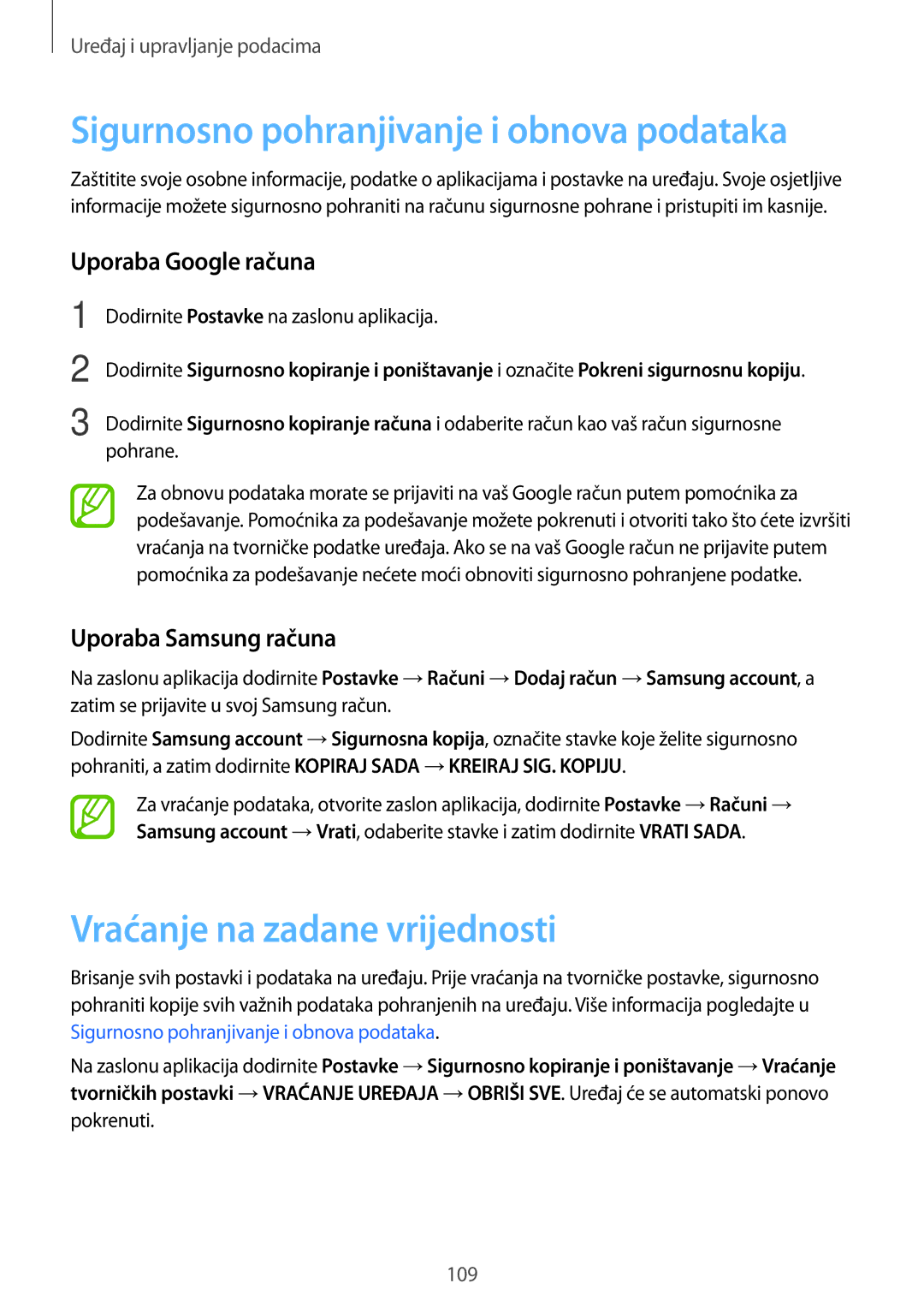 Samsung SM-A500FZDUTWO Sigurnosno pohranjivanje i obnova podataka, Vraćanje na zadane vrijednosti, Uporaba Google računa 