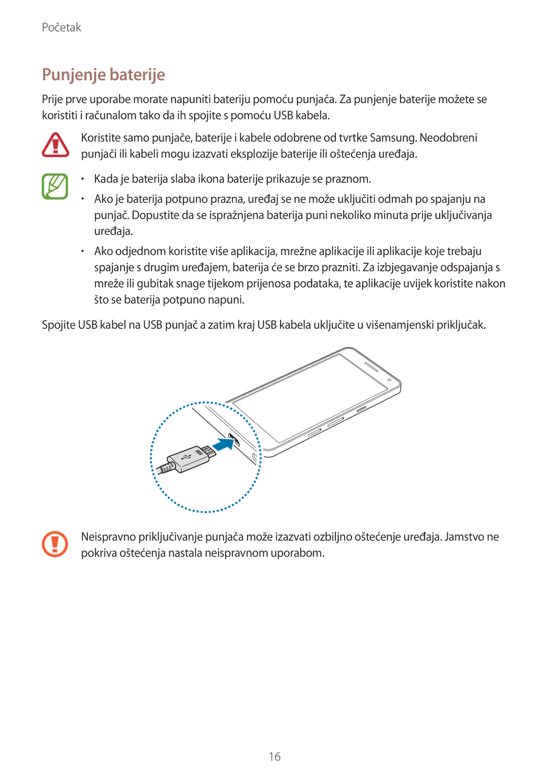 Samsung SM-A500FZWUTWO, SM2A500FZWUVIP, SM-A500FZDUSEE, SM-A500FZKUDHR, SM-A500FZKUVIP, SM-A500FZDUTWO manual Punjenje baterije 