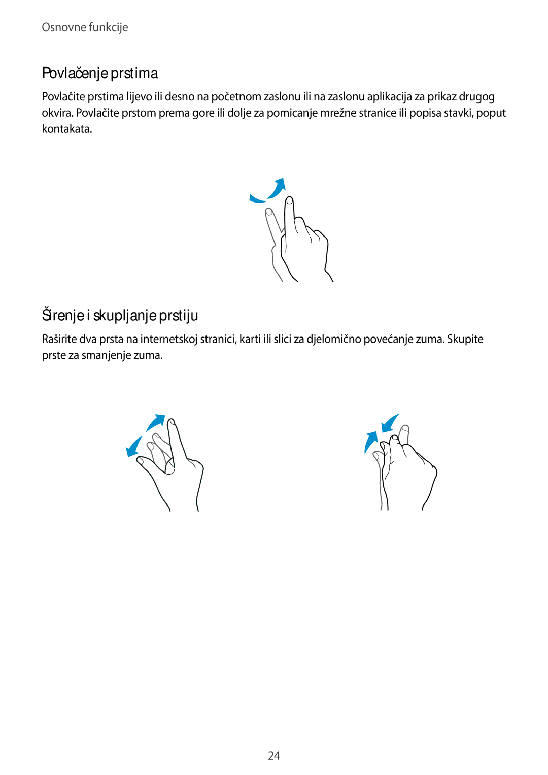 Samsung SM2A500FZKUVIP, SM2A500FZWUVIP, SM-A500FZDUSEE, SM-A500FZKUDHR manual Povlačenje prstima, Širenje i skupljanje prstiju 