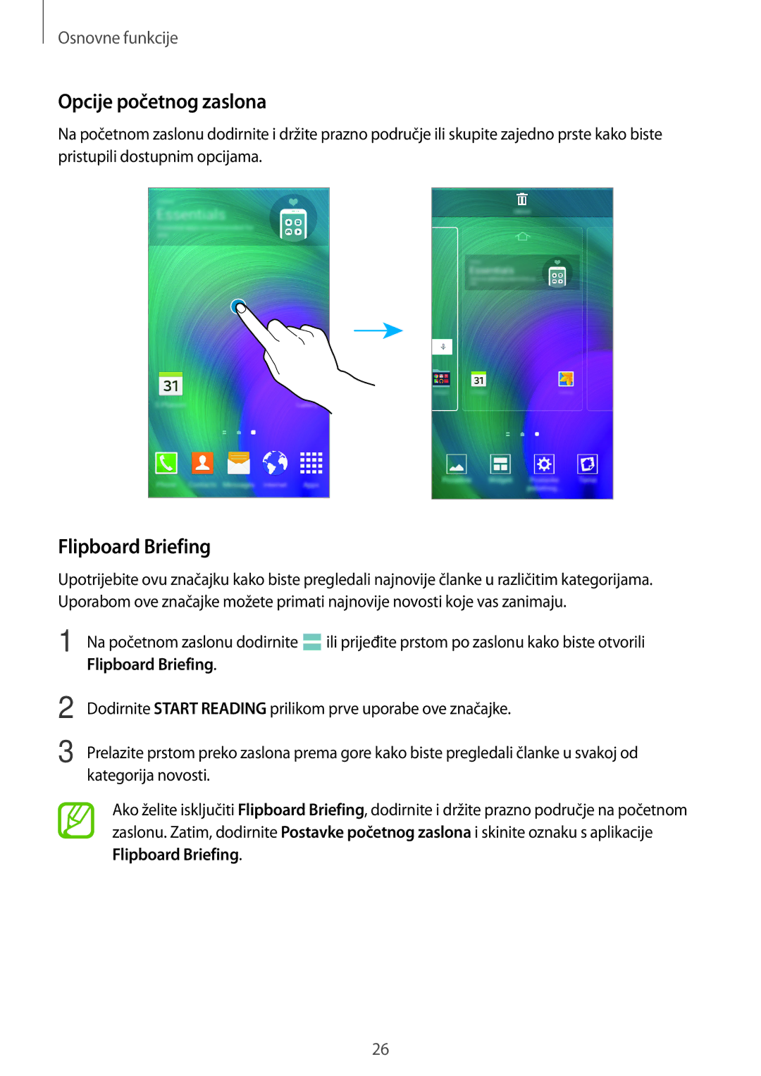 Samsung SM2A500FZWUVIP, SM-A500FZDUSEE, SM-A500FZKUDHR, SM-A500FZWUTWO manual Opcije početnog zaslona, Flipboard Briefing 