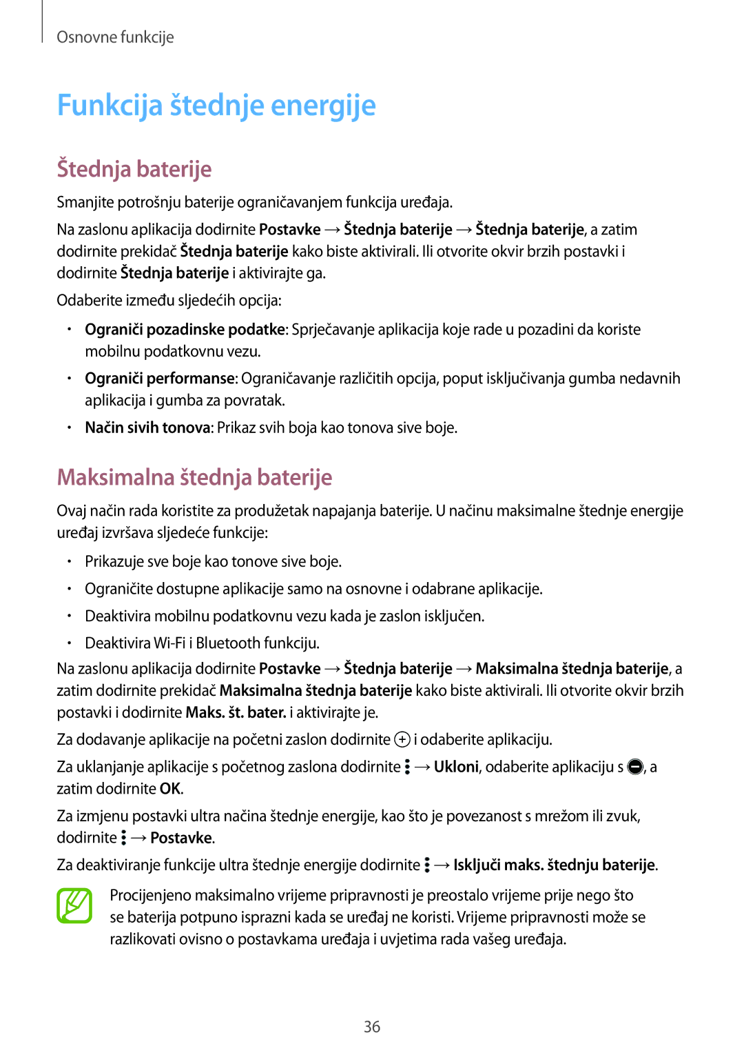 Samsung SM-A500FZKUTWO, SM2A500FZWUVIP manual Funkcija štednje energije, Štednja baterije, Maksimalna štednja baterije 