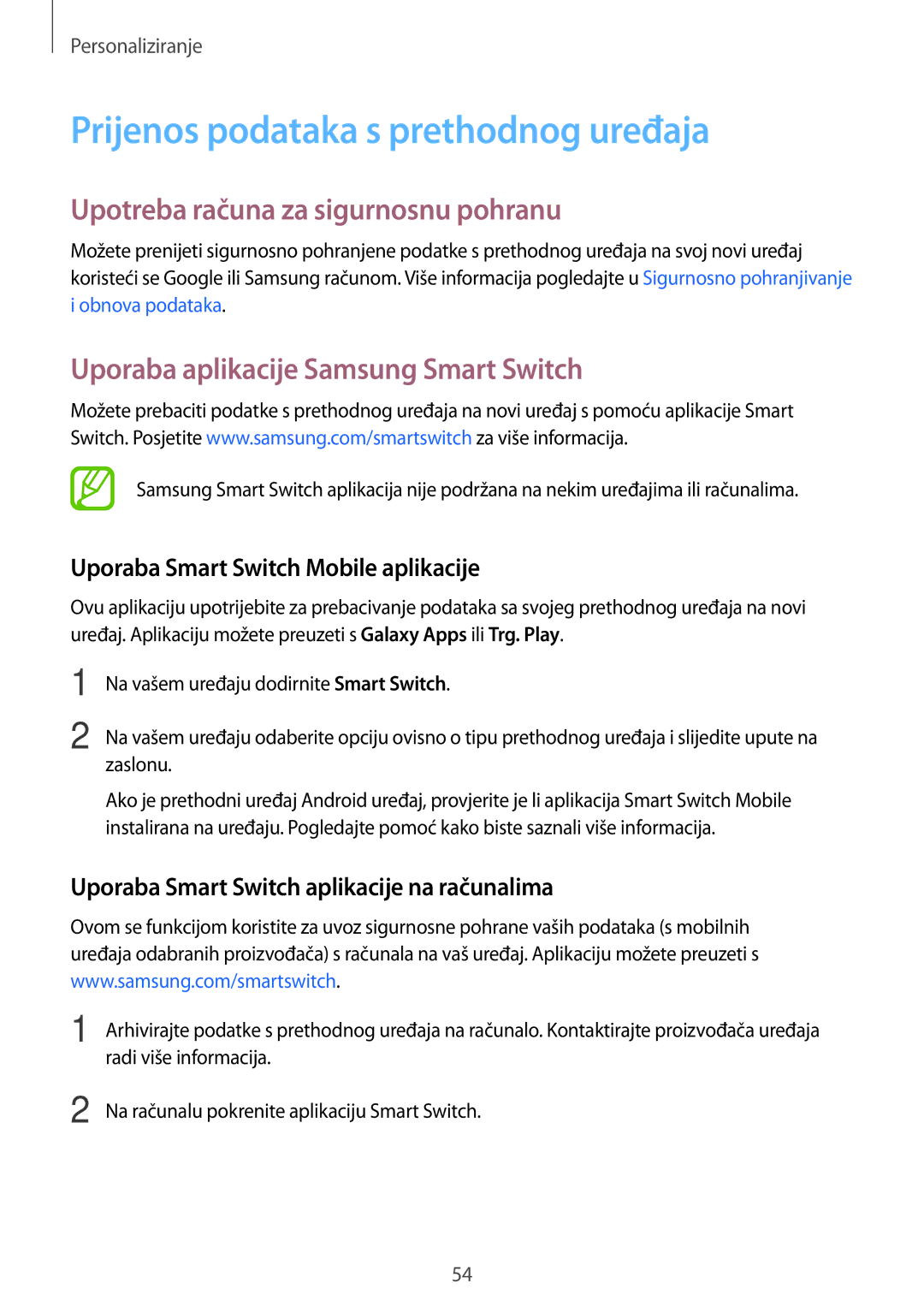 Samsung SM-A500FZKUDHR, SM2A500FZWUVIP manual Prijenos podataka s prethodnog uređaja, Upotreba računa za sigurnosnu pohranu 