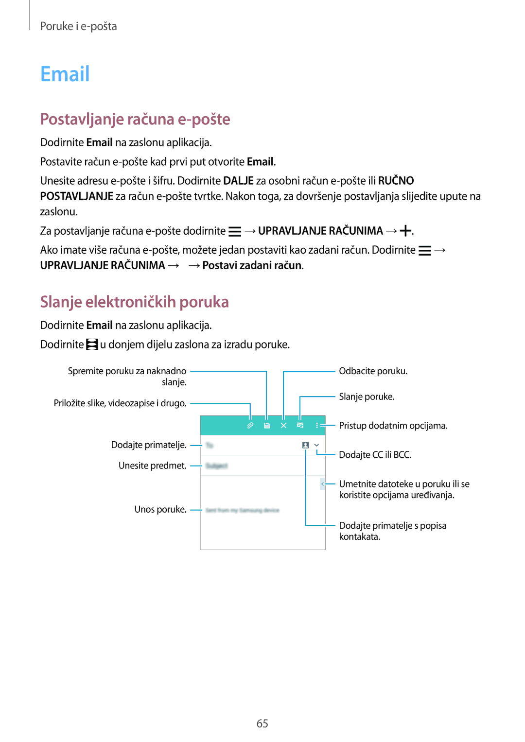 Samsung SM2A500FZWUVIP, SM-A500FZDUSEE, SM-A500FZKUDHR manual Postavljanje računa e-pošte, Slanje elektroničkih poruka 