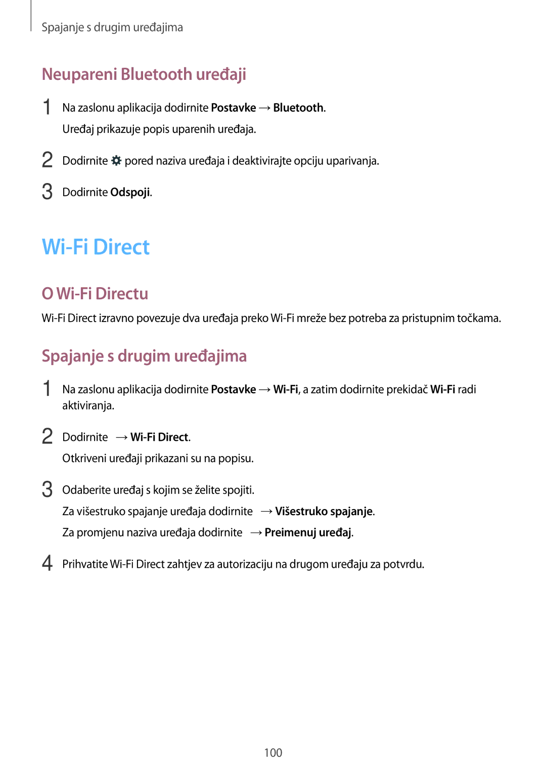 Samsung SM-A500FZWUSEE, SM2A500FZWUVIP manual Neupareni Bluetooth uređaji, Wi-Fi Directu, Spajanje s drugim uređajima 