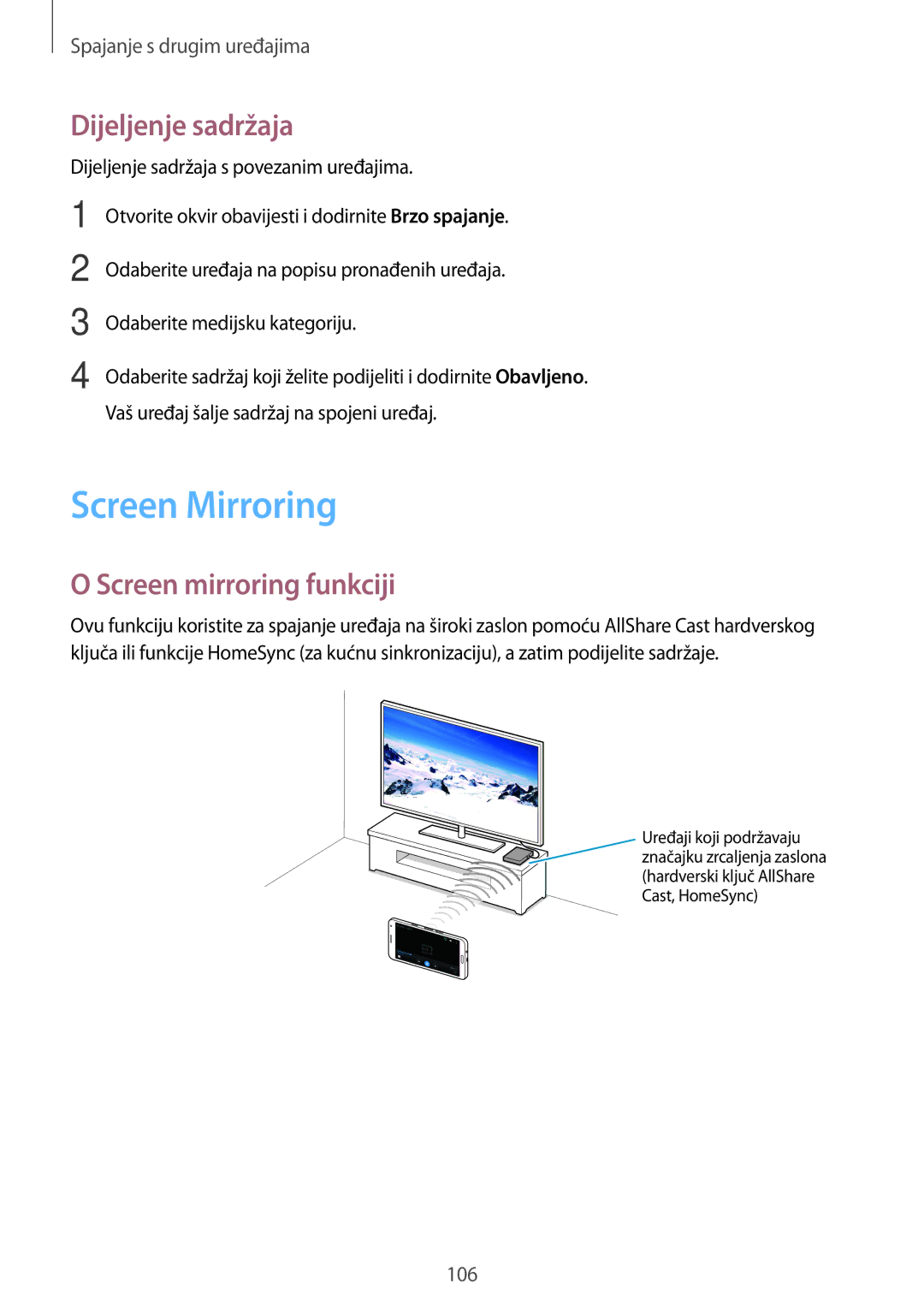 Samsung SM-A500FZKUDHR, SM2A500FZWUVIP, SM-A500FZDUSEE Screen Mirroring, Dijeljenje sadržaja, Screen mirroring funkciji 